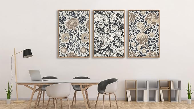 Large Flowers Wall Art for Living Room Natural Wood Float Framed Art Set of 3 William Morris Floral Canvas Pictures Vintage Artwork Botanical Canvas Poster Prints for Bedroom Wall Decor 20"X28"X3