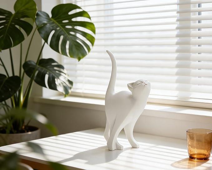 White Cat Statue Modern Abstract, Home Office Shelf Decor, 7-Inch Vibrant Assorted Colors, Easy to Match Any Decor Style