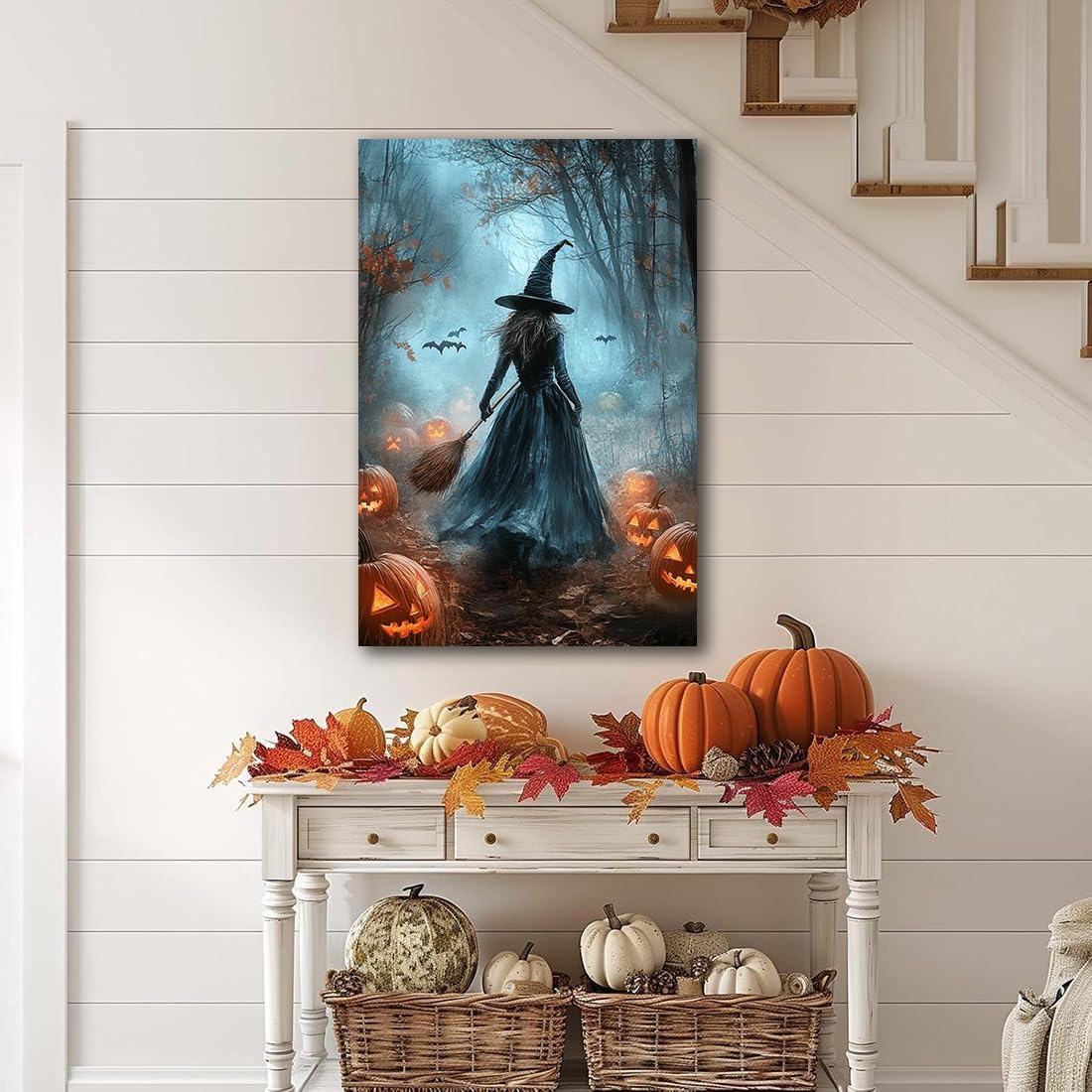 Vintage Moody Halloween Witch Artwork Wall Decor,Spooky Halloween Gothic Canvas Artwork Creepy Horror Witch with A Broom Pumpkin Bats Rustic Forest Picture,Dark Academia Poster,24"x36" Framed