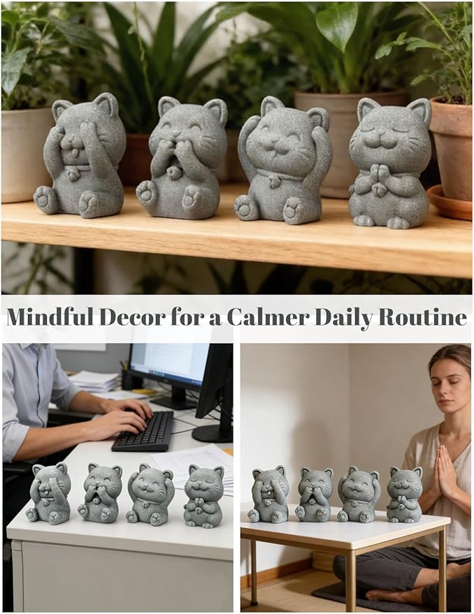 4 Piece Cute Cat Figurine Set, Sandstone See no Evil,Hear no Evil,Speak no Evil,Do no Evil Statues, Zen Desk/Garden Decor, Adorable Kitty Accents for Home Office