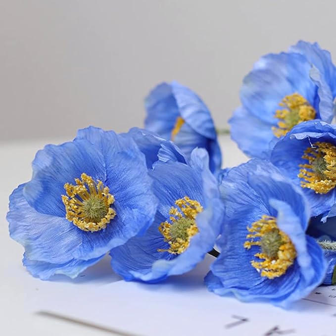 DUYONE Artificial Flowers 6 Stems Poppy Silk Bouquet,for Wedding, Home, Party Decoration,Table Centerpiece Arrangement(Blue)