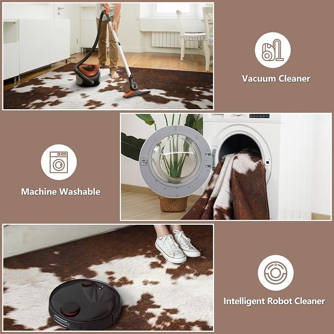 DweIke Cow Print Rugs for Living Room, 4x6 Soft Faux Animal Cowhide Area Rug, Washable Non-Slip Stain Resistant Throw Carpet for Dining Room Office Western Home Decor, Red Brown