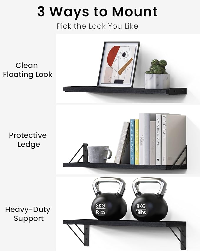 BAYKA Wall Mounted Floating Bathroom Shelves, Wood Wall Shelf for Books & Decor, Space-Saving Display & Organizer (Black, Set of 4)