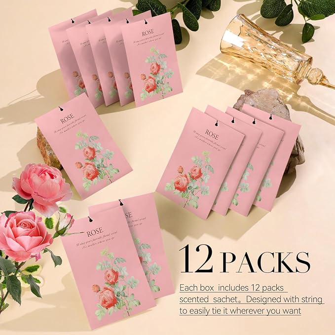 Rose Scented Sachet Bags - 12 Pack Drawer & Closet Freshener, Long Lasting Odor Eliminator for Wardrobes, Cars & Storage, Home Fragrance Air Freshener Sachets