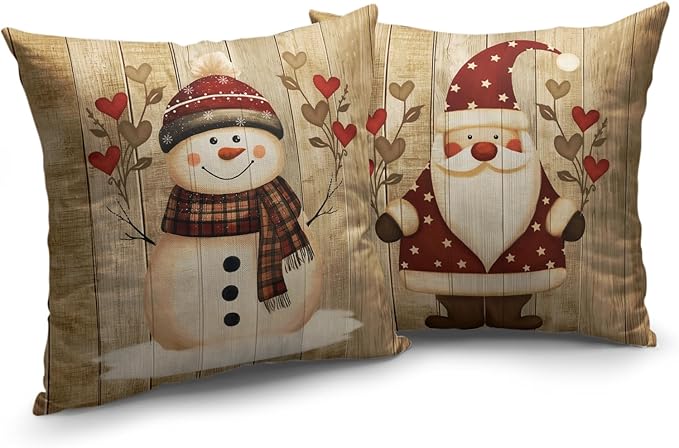 Vintage Christmas Pillow Covers 16x16 Santa Pillowcase Snowman Throw Pillow Covers Winter Holiday Retro Wooden Pattern Pillow Case for Xmas Decor Couch Sofa Set of 2
