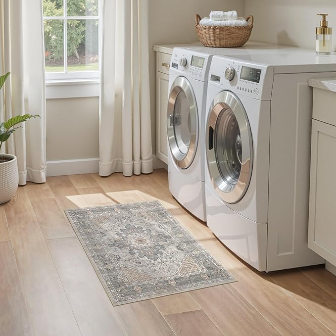 Tortania Area Rug 2x3 Doormat - Washable Vintage Oriental Farmhouse Soft Thin Indoor Carpet for Living Room Bedroom Hallway Entryway Kitchen - Brown Gray