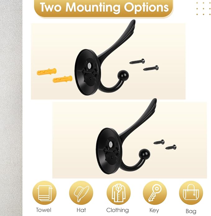 Matte Black Heavy Duty Wall Hooks – 6 Pack Black Coat Hooks for Hanging Coats,Robes,Bags,Hats,Wall Mounted with Includes Two Types of Installation Screws YDB