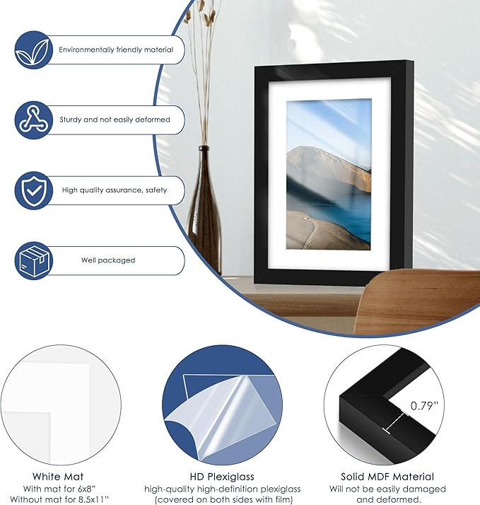 PEALSN 5x7 Picture Frame Set of 6, Display Pictures 4 x 6 with Mat or 5 x 7 without Mat for Wall Mounting or Table Top Display, Photo Frames Collage for Wall Decor, Black.