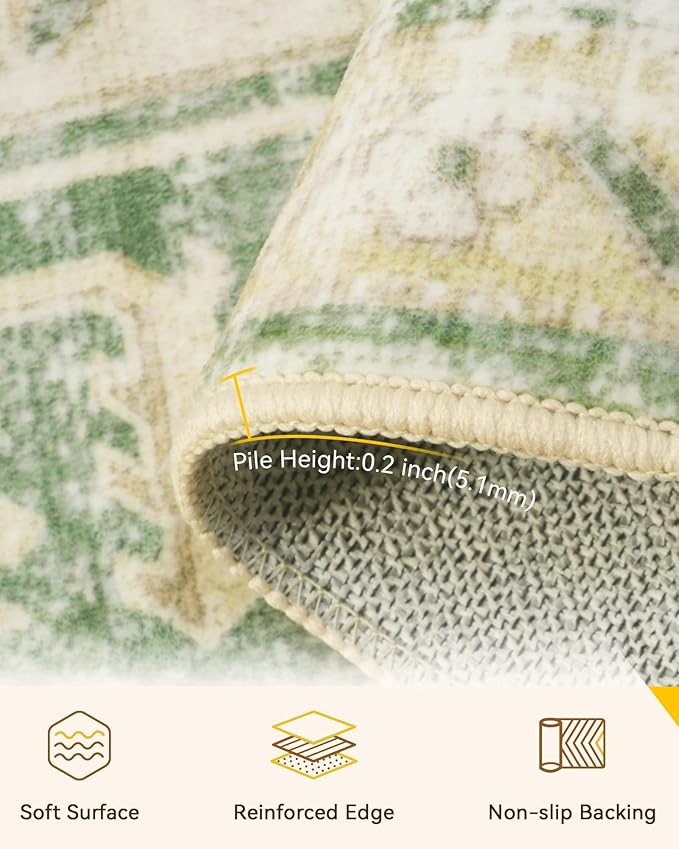 RELEANY Area Rugs Square 8ft Washable Non-Slip, Floral Vintage Distress Print Pattern Medallion Carpet for Living Room Bedroom Dining Room, Sage Green Yellow