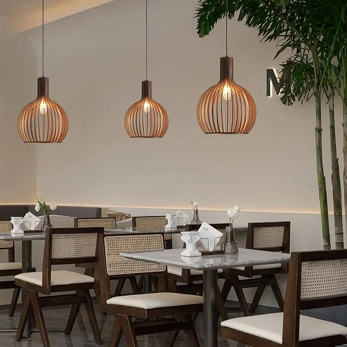 Wood Pendant Light, E26 Base Hanging Lamp Indoor, Natural Wooden Hand Made Chandelier, Boho Height Adjustable Dining Table Hanging Lamp for Hotel Bar Café Kitchen Island Hallway Entryway