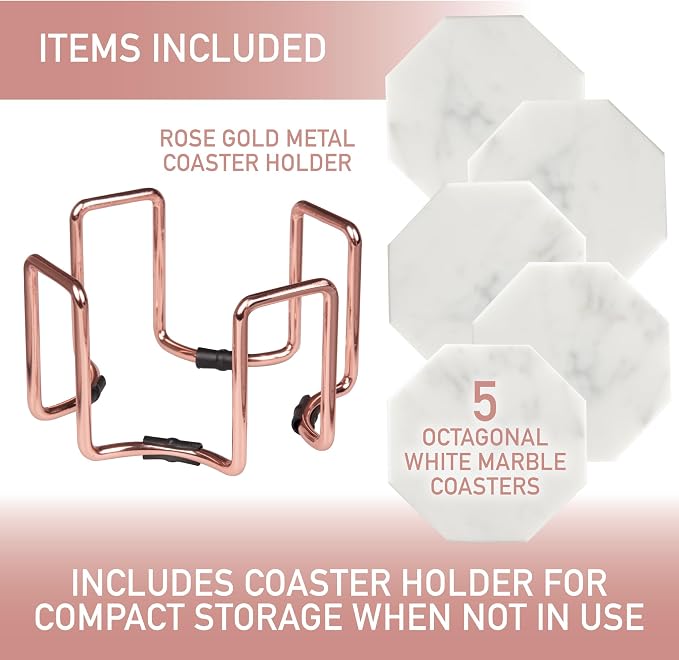 White Carrara Marble Coasters & Rose Gold Coaster Holder (Set of 5)- Durable, Thick Coasters - Protects Any Table Type & Fits Any Coffee Mug, Drinking Glass, Barware - Great Wedding