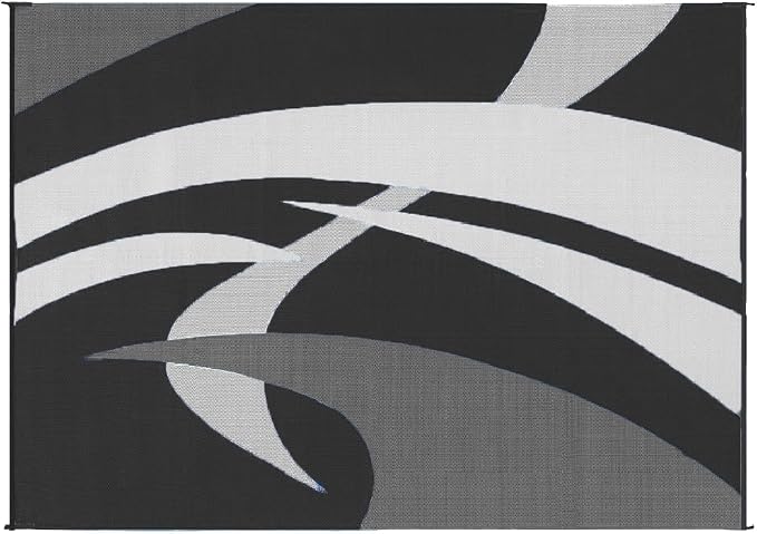 Stylish Camping Outdoor Patio / RV Camping Mat - Swirl (Black/White, 9-Feet x 12-Feet)