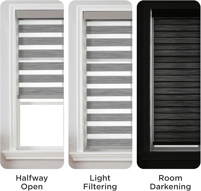 Joydeco Cordless Zebra Blinds (Pro), Dual Layer Light Control Zebra Blinds for Windows, Light-Proof Aluminum Cover, Free-Stop Roller Shades for Home & Office (Gray, 47" W x 75" H)