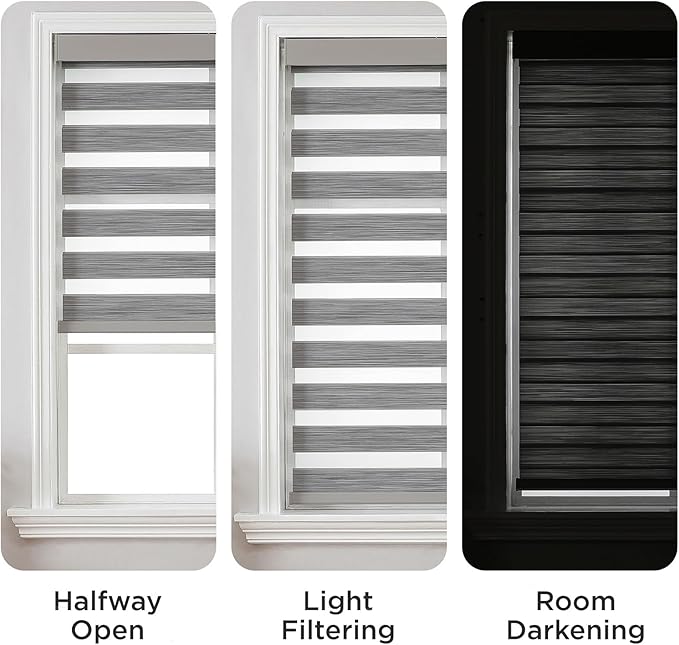 Joydeco Cordless Zebra Blinds (Pro), Dual Layer Light Control Zebra Blinds for Windows, Light-Proof Aluminum Cover, Free-Stop Roller Shades for Home & Office (Gray, 15" W x 48" H)