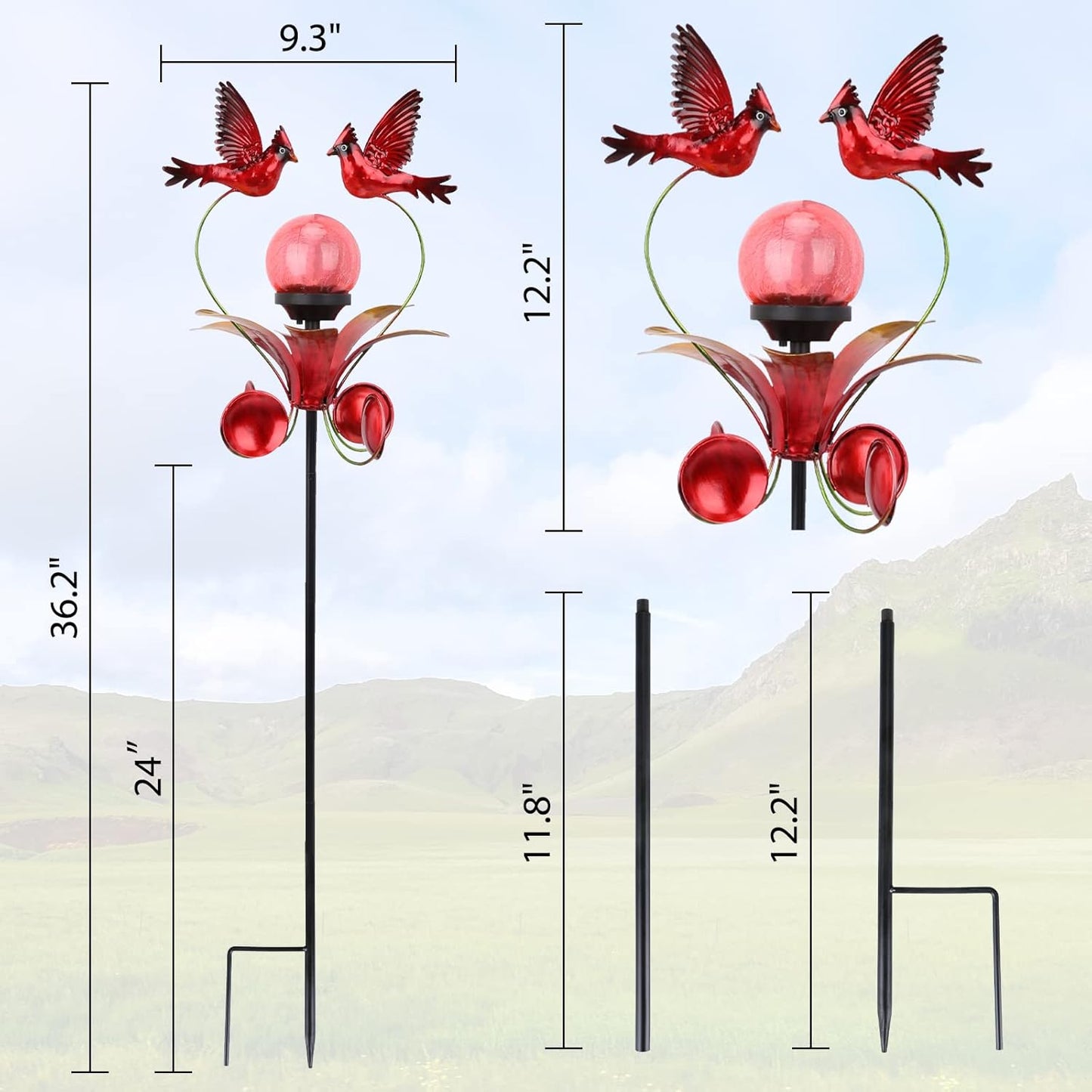 VCUTEKA Cardinal Solar Lights Outdoor Metal Garden Stake Waterproof Crackle Glass Globe Garden Decor Cardinal for Pathway, Lawn, Patio, Yard