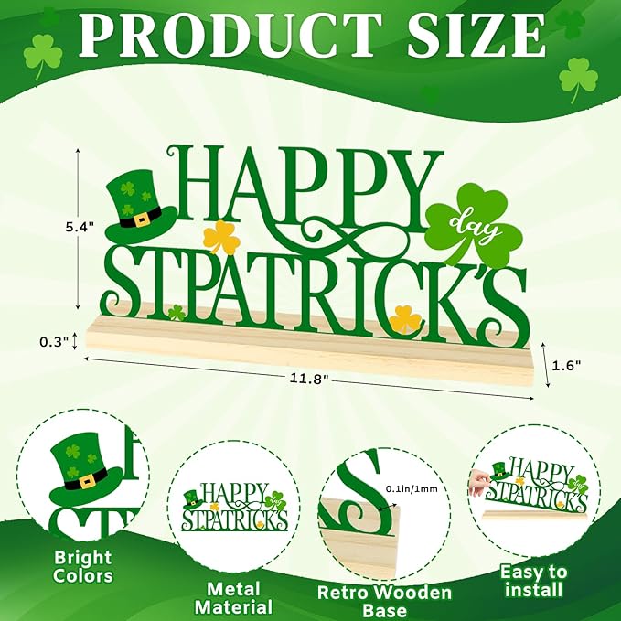 Metal Happy St. Patrick’s Day Table Sign, St. Patrick’s Day Tabletop Decoration with Wood Base, Green Shamrock Holiday Centerpiece Sign Decor for Home, Office, Shelf, Mantel Party Supplies（Patrick.A）