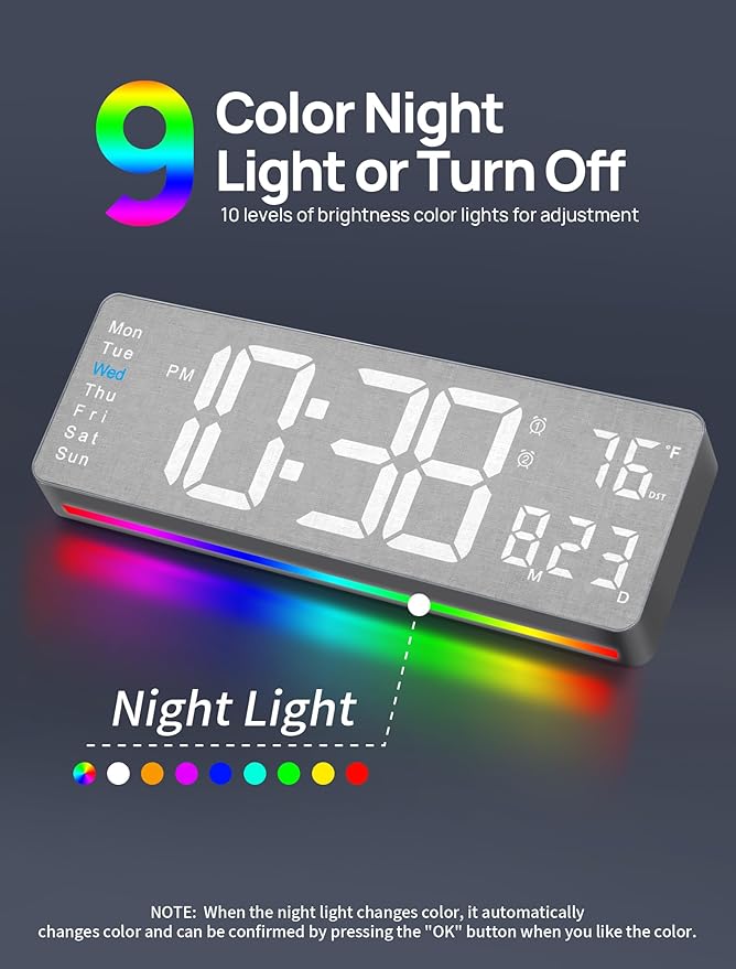 MASHI 2026 Upgrade Digital Wall Clock, 16" Large Display Digital Clock with Remote Control, Auto-Dimming Wall Clock with Night Light, DST, Date Week,Temp for Living Room, Gift for Elderly (Grey)