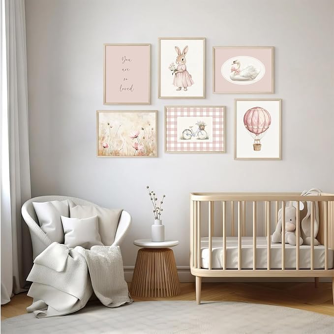 Pink Nursery Wall Art Decor Baby Girl Room Pictures Vintage Nursery Canvas Wall Decor Bunny Prints Floral Swan Poster Cute Rabbit Painting Artwork for Toddler Girls Bedroom 12x16x6 Inch Wood Framed