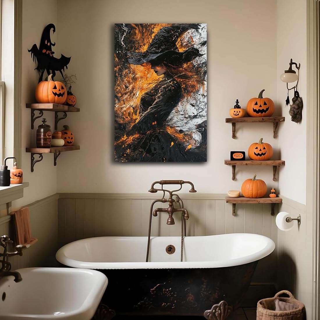 Witch Canvas Poster Print, Dark Academic Picture Wall Decor, Modern Fashion Aesthetic Abstract Witchcraft Halloween Wall Art For Bedroom Living Room Hallway Decoration,16"x24" Framed