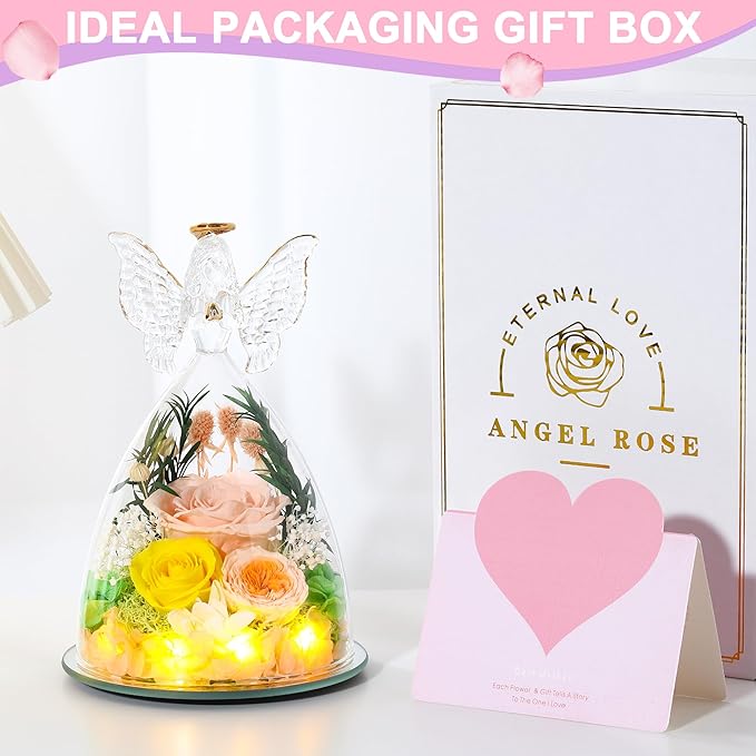 Mothers Day Rose Gifts for Women Preserved Real Flower in Glass Angel Figurines Roses for Delivery Prime Birthday Gifts for Mom Grandma Girlfriend Wife Her, Champagne Austin Roses