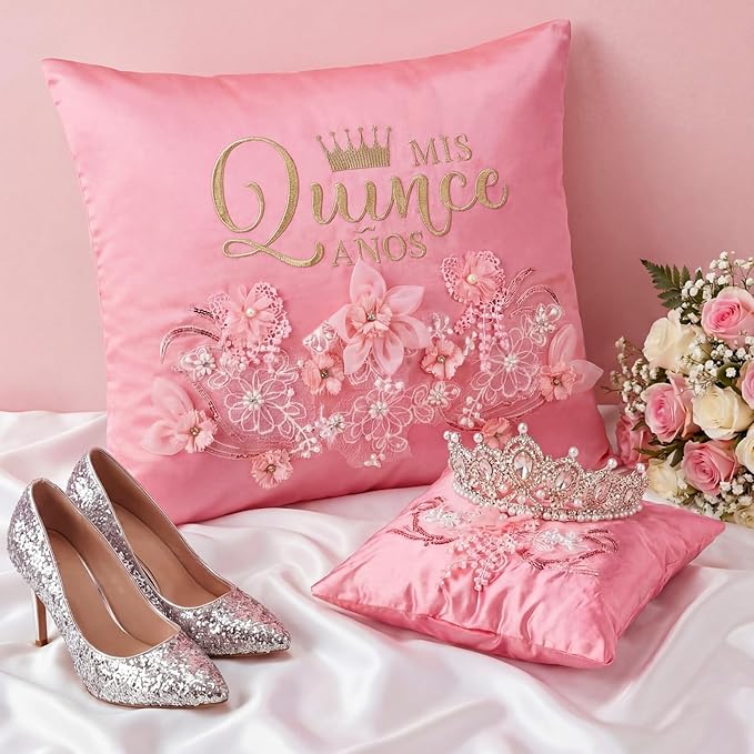 Mixweer 2 Sets/ 4 Pcs Cojines Pink Quinceañera Pillow Set 2 Pcs Quinceañera Embroidered Pillow Decorative with 2 Covers Cojines para 15 Años De Quinceañera Wedding Decorations Mis Gifts