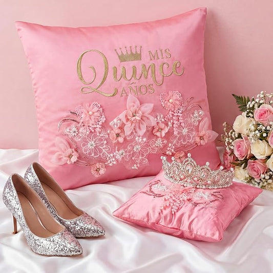 Mixweer 2 Sets/ 4 Pcs Cojines Pink Quinceañera Pillow Set 2 Pcs Quinceañera Embroidered Pillow Decorative with 2 Covers Cojines para 15 Años De Quinceañera Wedding Decorations Mis Gifts