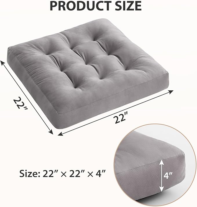 Meditation Floor Pillow Set of 2, Square Large Pillows Seating for Adults, Meditation Cushion Pillow,Tufted Corduroy Cushion for Tatami Living Room or Yoga, Light Gray, 22x22 Inch