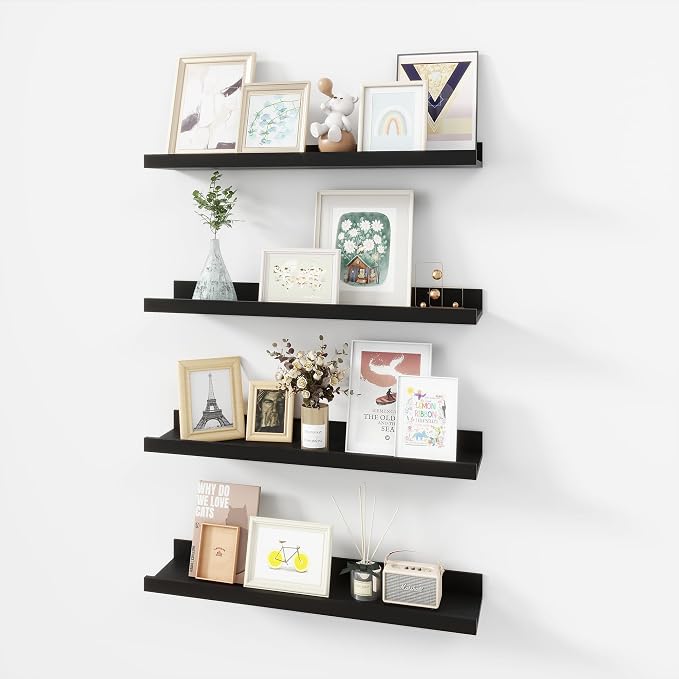 Acovy 24 inch Picture Ledge Shelf, Wood Floating Shelves Set of 4, Black | Wall Mounted, For Living Room Kids' Room Bedroom, Photo Ledge Nursery Book Shelves