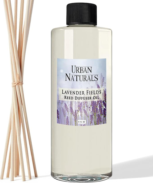 Urban Naturals Reed Diffuser Oil Refill Lavender Fields with Geranium, Clary Sage, Soft Florals 8 oz + Free Reed Sticks, Made in the USA