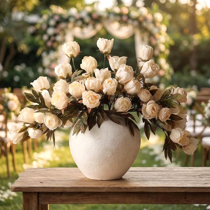 Thiccywoov 8 Pcs Beige Faux Peony Stems Flowers Bulk Vintage Artificial Silk Peonies Stems Real Look Fake Peonies Branches for Vase Filler DIY Bouquet Centerpieces Home Indoor Outdoor Decorations