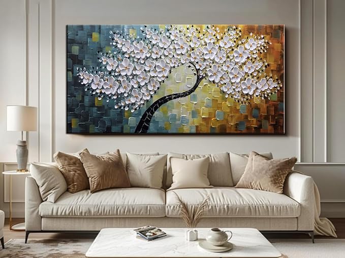 YaSheng Art - Wall Art Oil Painting ,100% Hand Painted 3D Texture Wall Art Artwork White Flower Tree Paintings ,Abstract Canvas Wall Art ,Bedroom Dining Room Living Room Modern Wall Art Decor Home , Framed Wall Art Picture 24x48inch