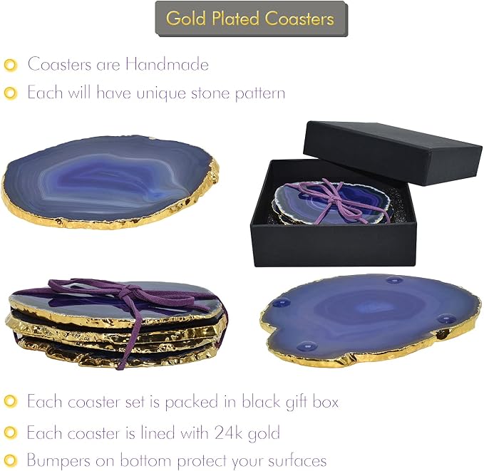 Nature's Decorations Purple Gold Rimmed Agate Stone Coasters - Set of 4, Polished Geode Drink Mats for Dining & Coffee Table & Kitchen Geode Decor Non-Toxic 3.5-4" Diameter