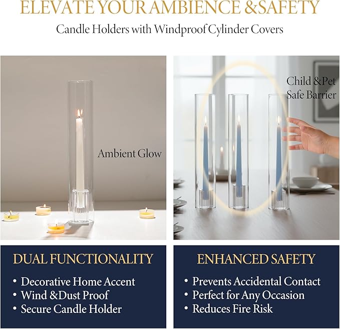 LETINE Hurricane Candle Holders with Ribbed Taper Candle Holders Set of 3(14")- Windproof & Elegant Candle Holder with Glass Cover for Outdoor&Indoors Wedding Centerpieces, Events & Home Decor