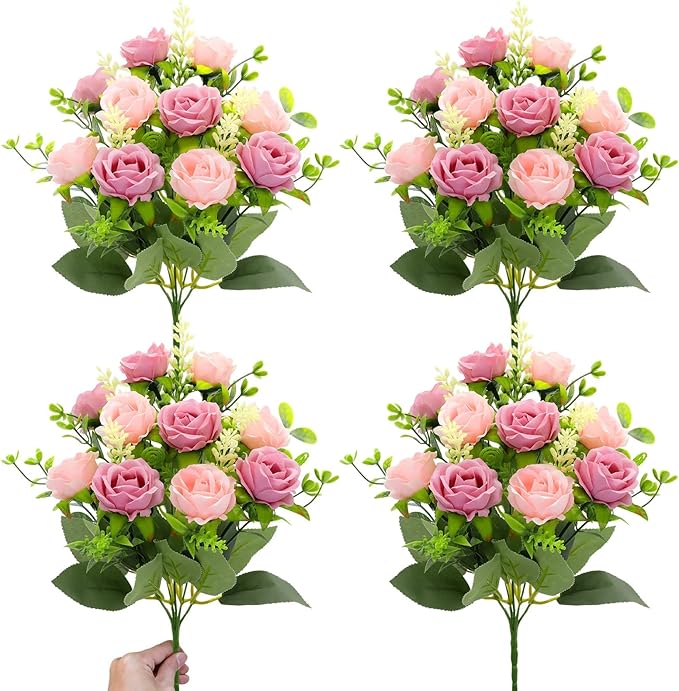 TURNMEON 40 Heads Fake Roses Artificial Flowers for Outdoors Summer Decor, 4 Bouquets UV Resistant Fake Flower Bouquet Faux Silk Roses for Wedding Birthday Party Home Mother's Day Cemetery Decor(Pink)