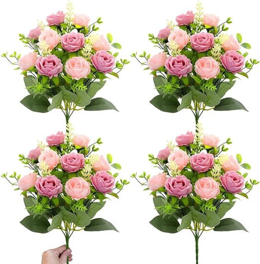 TURNMEON 40 Heads Fake Roses Artificial Flowers for Outdoors Summer Decor, 4 Bouquets UV Resistant Fake Flower Bouquet Faux Silk Roses for Wedding Birthday Party Home Mother's Day Cemetery Decor(Pink)