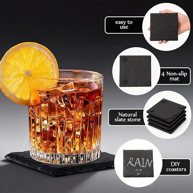 40 Pack Slate Drink Coasters Set, 4 Inch Black Slate Stone Coasters Bulk Laser Engraving Blanks with Anti-Scratch Bottom for Drink Coffee Bar Kitchen Home Decor(20 Round & 20 Square)