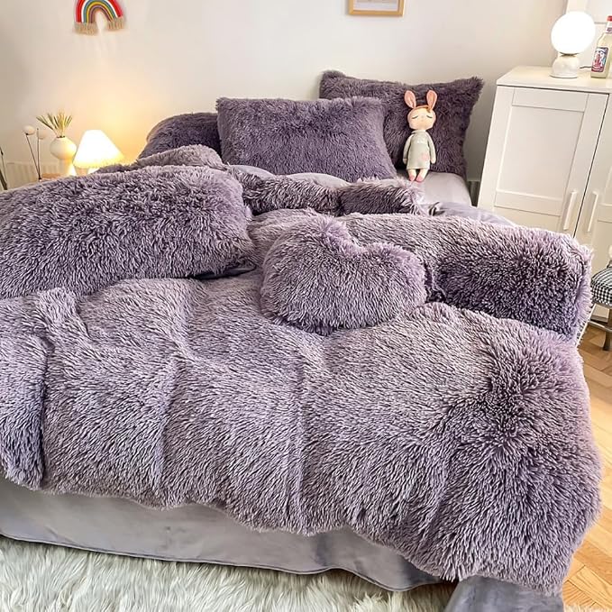chovy Faux Fur Plush Purple Comforter Sets King - Ultra Soft Shaggy Flannel Velvet Fluffy Fuzzy 3PC Bedding Set (Comforter x 1 Pillowcases x 2)