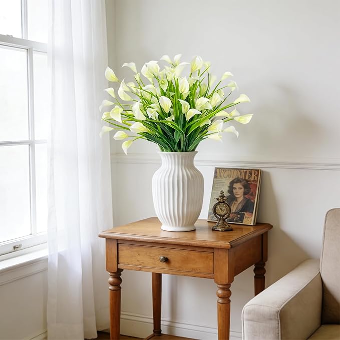 TURNMEON 12 Bundles Calla Lily (240 Heads) Artificial Flowers for Outdoors, Fake Plants UV Resistant Faux Plastic Fake Flowers for Indoor Planter Home Porch Yards Spring Summer Cemetery Decor(White)