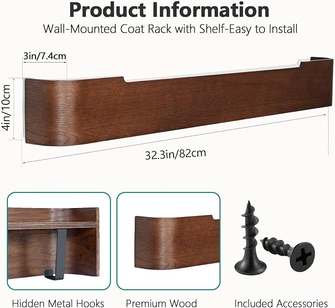 Coat Rack Wall Mount with Shelf 8 Hidden Hooks Modern Wooden Key Holder Entryway Organizer for Hallway Bedroom Bathroom Home Decor Storage for Hanging Coats Hats Bags Towels, Walnut