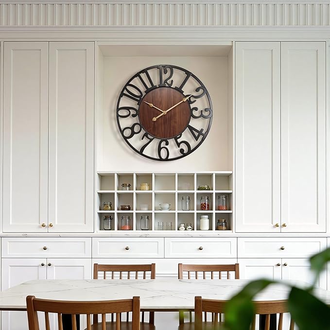 Vantic 32 Inch Large Wall Clock, Arabic Numeral Wood Oversized Wall Clocks for Living Room Decor, Farmhouse, Bedroom and Kitchen, Completely Silent, Non Ticking, Battery Operated
