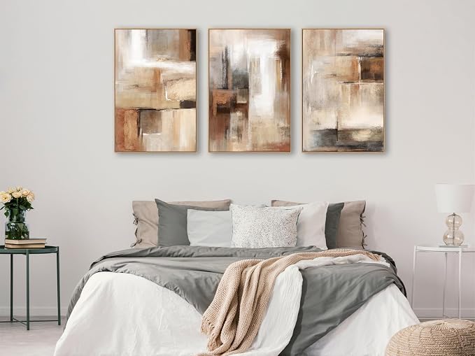Large Framed Canvas Wall Art - Natural Float Framed Brown Abstract Picturtes for Living Room Decor Brown Abstract Painting Artwork Prints for Bedroom Kitchen Home Office Decor 96" X 48" Set of 3