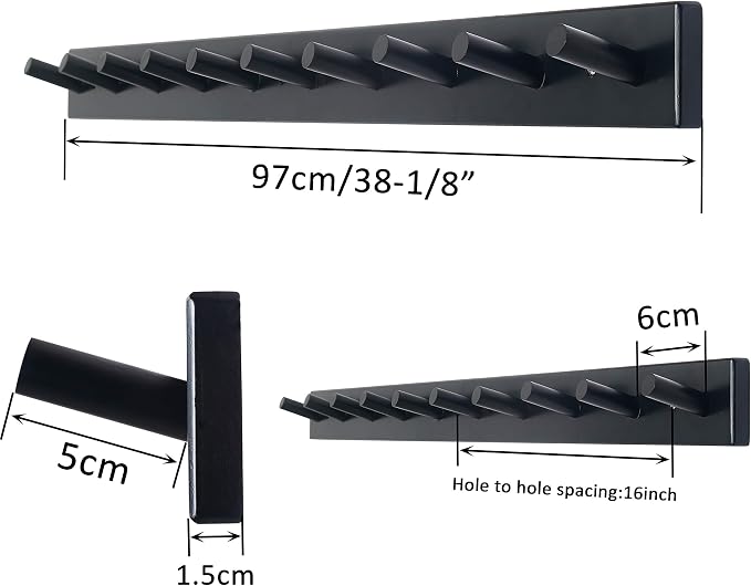 WEBI Coat Rack Wall Mounted,10 Hooks,38" Long Coat Hanger Wall Mount,Bamboo Peg Rail Hat Hooks for Hanging Caps,Jacket,Clothes,Coats,Black,2 Packs
