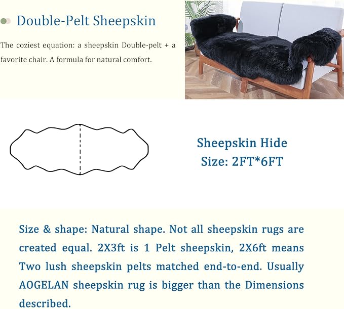 Fluffy Patchwork Sheepskin Rug with Little Patches-Fuzzy Shaggy Fur Genuine Wool Area Carpet for Bedroom Living Room Floor, Pray Pup Mat, Chair Sofa Seat Cover Black 2' x 6'
