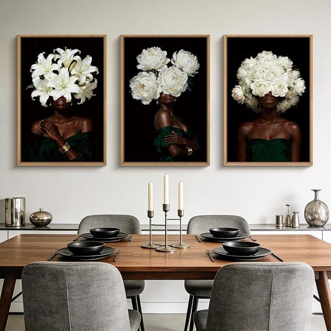 HPINUB Black Woman Framed Canvas Prints Wall Art Set, Abstract White Hydrangea Wall Decor, Vintage African American Girl Art Photos for Living Room, Bedroom, Dining Room, Office, Bathroom-24 x36 x3