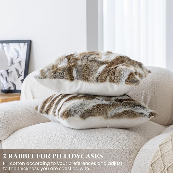 MOOX Rabbit Fur Pillow Covers Set of 2 Fur Throw Lumbar Decorative Pillow Fuzzy Soft Fluffy Genuine Animal Skin 18"x18" Sofa Couch Bed Cover, Couch-Yellow White
