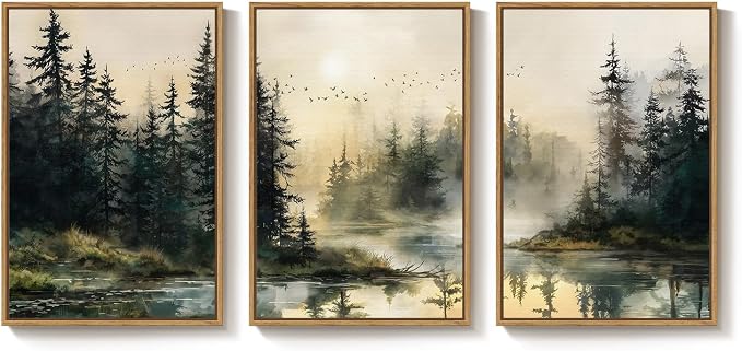 Framed Forest Landscape Nature Wall Art Bedroom, 3 Piece Foggy Pine Tree Lake Canvas Artwork for Walls, Sunset Wall Decor Paintings Pictures Print for Living Room Home Office Hallway, 16x24 Inch