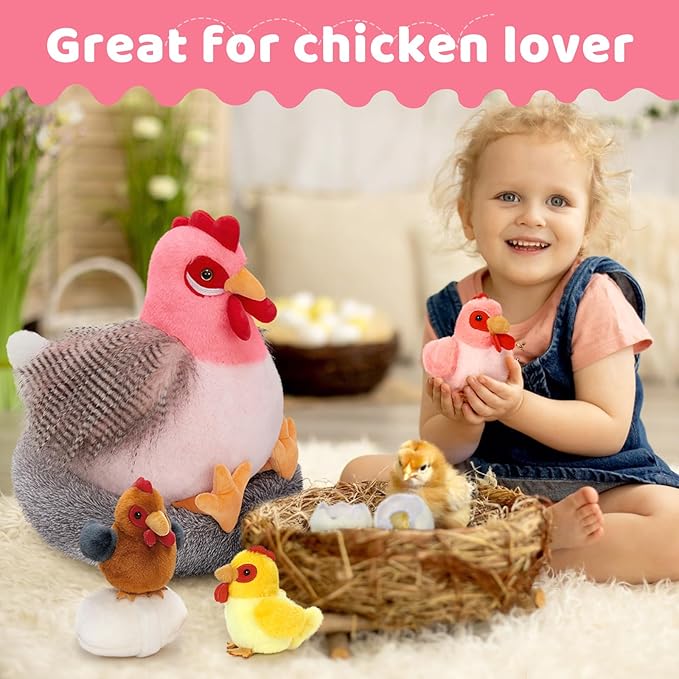 MaoGoLan 8Pcs Chicken Stuffed Animals, Stuffed Laying Hen Chicken Plush Toys with 3 Babies Chickens and 3 Eggs,1 Nest House Plush Set, Cute and Soft Farm Stuffed Animals Gift for Kids,Girls,Boys,Pink