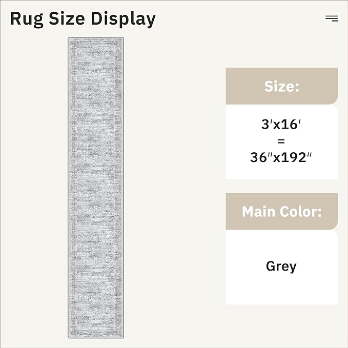 Soalmost Hallway Runner Rug 3x16 - Vintage Non Slip Washable 16ft Kitchen Runner for Entrance Soft Long Carpet Runners for Living Room Bedroom Dining Room, Grey