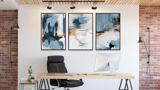 Large Framed Abstract Wall Art - Natural Framed Canvas Pictures for Living Room Modern Canvas Prints Grey Blue for Bedroom, Black Float Frame Art for Home Office Kitchen Decor 16" X 24" X 3pcs