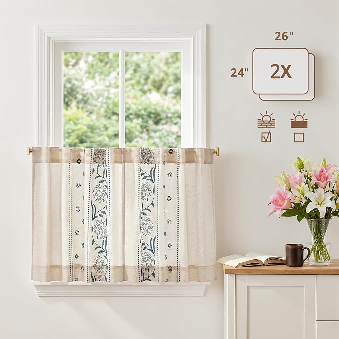 jinchan Winslow Linen Kitchen Curtains 24 Inch Length Small Window Curtains Embroidered Bordered Floral Drapes Light Filtering for Bathroom Laundry Room Farmhouse Decor Blue on Beige 2 Panels